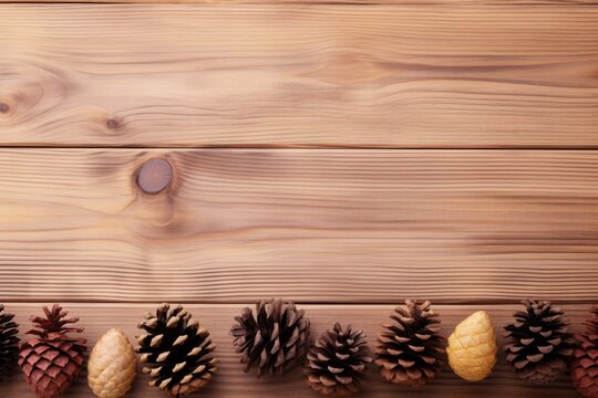 pine cones arranged neatly on a rustic wooden table. Generative AI Generative AI