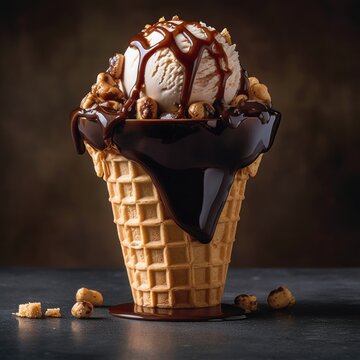 A waffle cone with scoops of peanut butter ice cream and nuts. AI generative image.