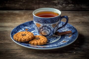 cup of tea with two cookies on a plate, perfect for a cozy afternoon. Generative AI Generative AI