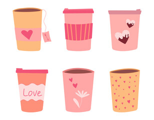 Romantic coffee for Valentine's Day, Set of cups hand drawn