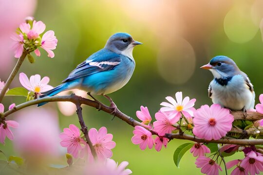 birds with flowers 