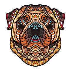 Pug head dog color tangle doodle vector illustration