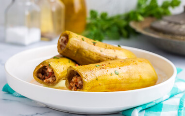 Stuffed zucchini with meat from traditional Turkish cuisine. Turkish name; etli kabak dolmasi