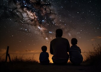 Stargazing with Dad and Kids. Concept of Father's Day. Generative AI.