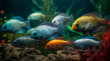 Colorful fishes in the aquarium. Generative AI