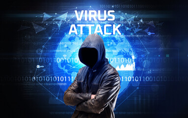 Faceless hacker at work, security concept