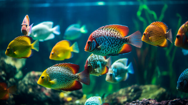 Colorful fishes in the aquarium. Generative AI