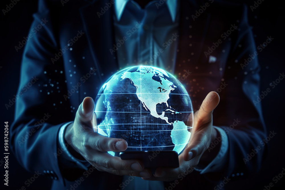 Poster close up of office man hands holding smartphone with glowing polygonal globe. concept of communicati