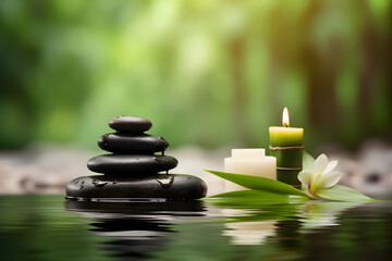 Spa still life with aromatic candles, zen stones, plants and water. Generative AI
