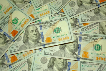 Background with money. Lots of dollars. Flat background with 100 dollar bills