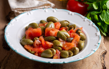 Gourmet flavors from traditional Turkish cuisine; green olive salad (Turkish name; Kirma yesil zeytin salatasi) A flavor belonging to the Turkey - Antakya region.
