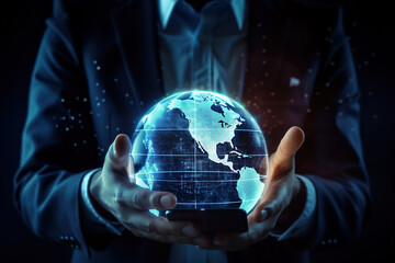 Close up of office man hands holding smartphone with glowing polygonal globe. Concept of communication and worldwide network, created with Generative AI.
