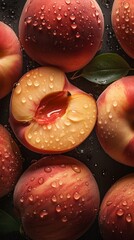 Fresh peaches with water drops. Fresh orange with red peaches top view. Professional processing. Juicy peaches for a magazine. Generative AI.