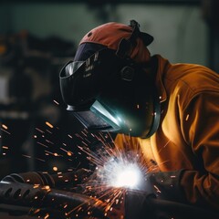 Obraz na płótnie Canvas A welder working on a piece of metal. AI generative image.