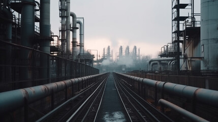 Obraz premium Industry pipeline transport petrochemical, gas and oil processing, furnace factory line, rack of heat chemical manufacturing, equipment steel pipes plant. Generative AI