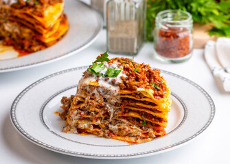 Turkish Food Kayseri Yaglama with Minced Meat, Yogurt and Tomato Paste