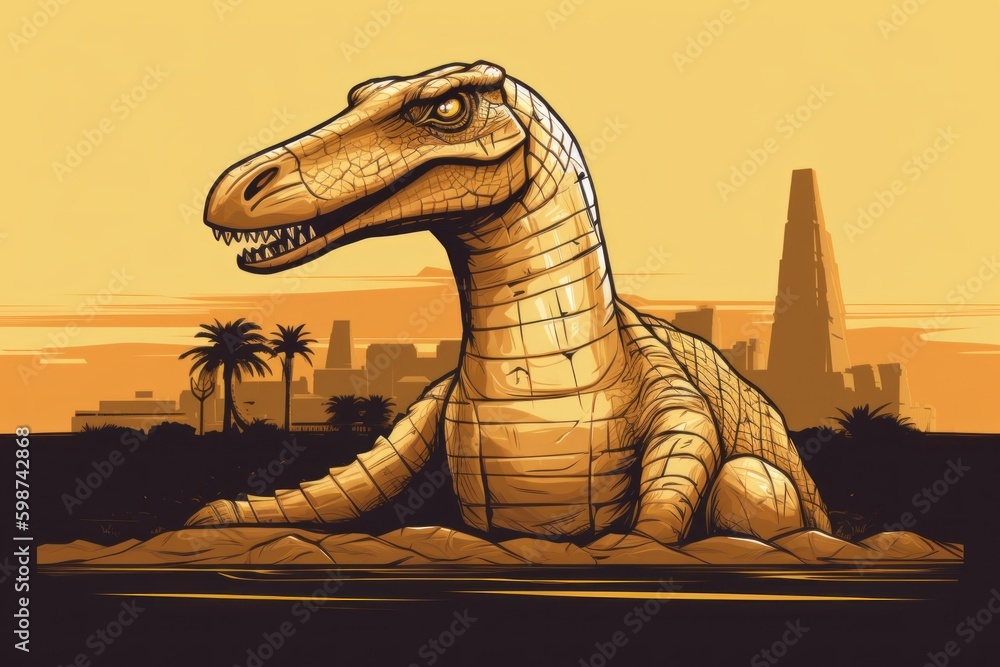 Poster a dinosaur sphinx in front of a egyptian pyramids at sunset. ai generative image.