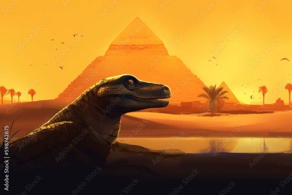 Poster a dinosaur sphinx in front of a egyptian pyramids at sunset. ai generative image.