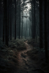 Obraz premium Dark forest, with a path in the middle, horror ambient, trees on the side. AI generative