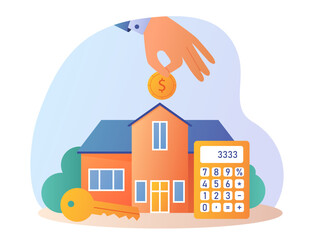 House mortgage calculation. Hand with coin over house next to golden key and calculator. Financial literacy and analytics, investing and trading. Mortgage and rent. Cartoon flat vector illustration