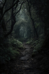 Dark forest, with a path in the middle, horror ambient, trees on the side. AI generative