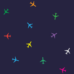 Airplane seamless pattern. Colorful planes on dark background. Graphic print for textile. Vector illustration
