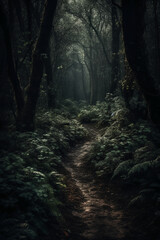 Fototapeta premium Dark forest, with a path in the middle, horror ambient, trees on the side. AI generative