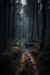 Fototapeta premium Dark forest, with a path in the middle, horror ambient, trees on the side. AI generative