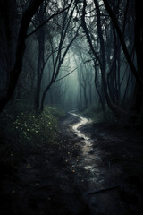 Obraz premium Dark forest, with a path in the middle, horror ambient, trees on the side. AI generative