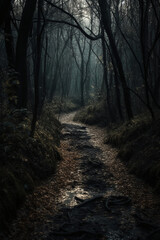 Dark forest, with a path in the middle, horror ambient, trees on the side. AI generative