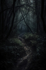 Fototapeta premium Dark forest, with a path in the middle, horror ambient, trees on the side. AI generative