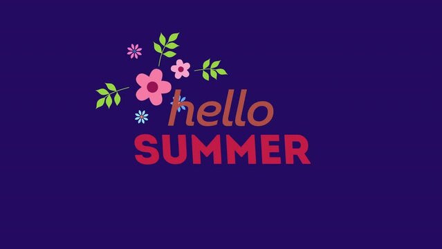 Hello Summer with pink flowers on blue gradient, motion promotion, summer and retro style background