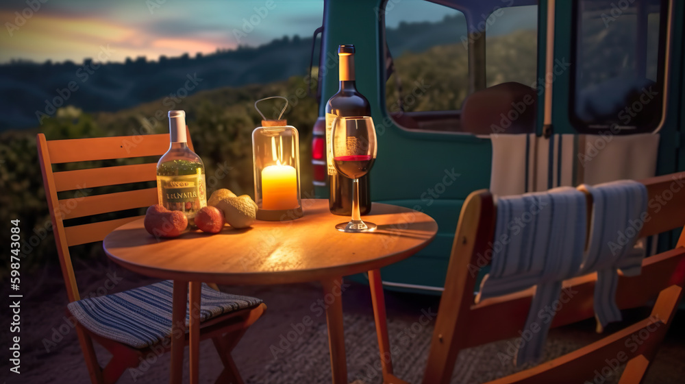 Poster a table with a bottle of wine and a glass of wine on it. ai generative.