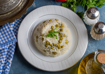 Traditional delicious Turkish foods; pea rice (Turkish name; Bezelyeli pilav)