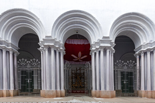 Incomplete Goddess Durga idol at the Thakur Dalan or Family Temple of a old Zamindar or Jamindar house, few days before the Durga Puja festival inKolkata, West Bengal, India.