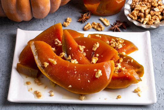 Traditional delicious Turkish cuisine; Pumpkin dessert or jam (Turkish name; Kirecte kabak receli or kabak tatlisi)