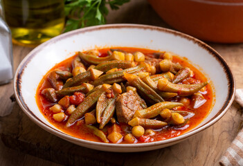 Bamya, Turkish traditional food. (Turkish cuisine) Homemade Food Okra in Plate. Organic Food.