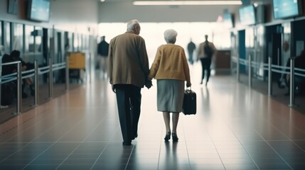 rear view of an elderly gray-haired couple, a man and a woman, walking at the train station or airport. family travel concept. day of parents, grandparents. Generative AI Generative AI