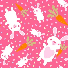 Foto op Canvas Cartoon animals seamless Easter eggs and rabbit and paint bunnies pattern for wrapping paper and kids clothes print © Tetiana