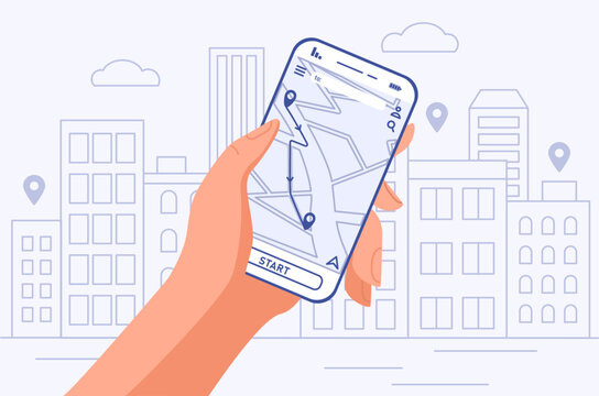 Mobile GPS navigation. Hand holding smartphone with open map, route planning and geolocation. Application for tourists and travelers. Locate position technology. Cartoon flat vector illustration