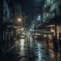 Heavy Rain and Dark Night in the Urban. AI generative