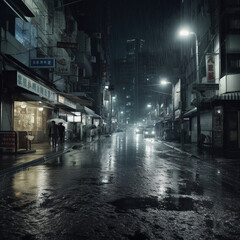 Heavy Rain and Dark Night in the Urban. AI generative