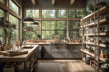 Fototapeta na wymiar A kitchen filled with lots of wooden shelves. AI generative. Rustic kitchen in Norwegian house