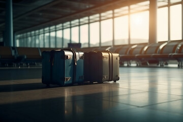 Luggage suitcases at the airport wide banner with copy space area for vacations and holiday travel concepts. AI generative