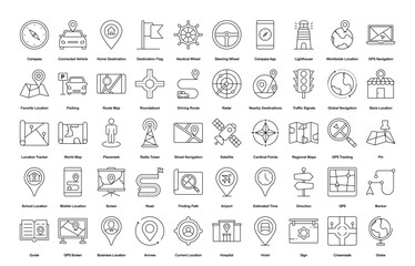 Navigation Thin Line Maps Route GPS Outline Icons in Black
