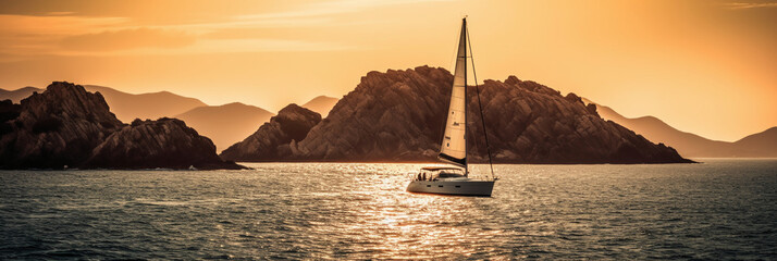 Luxury yacht sailing in the middle of the sea beside an island and mountains in the horizon at sunset as wide banner. AI generative