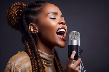 Young afro-american woman singing closeup. Generative AI