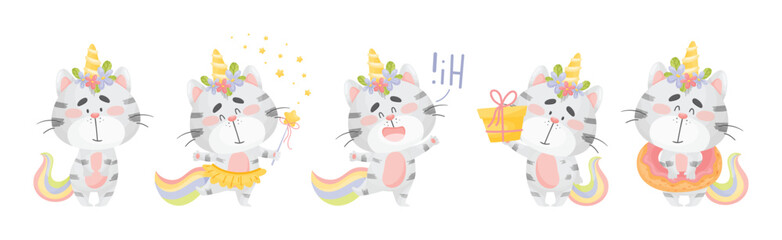 Obraz na płótnie Canvas Cute Cat Unicorn with Rainbow Tail and Horn Vector Set