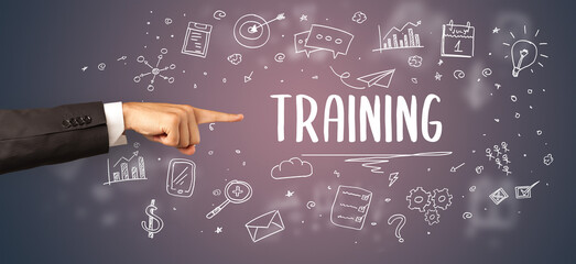 Close-Up of cropped hand pointing at business inscription