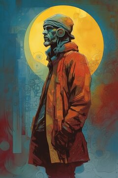 A tranquil man adorned with headphones, beret, and orange coat gazes into the distance, as a calming sunset forms the backdrop for surreal, whimsical, and dreamlike visuals.